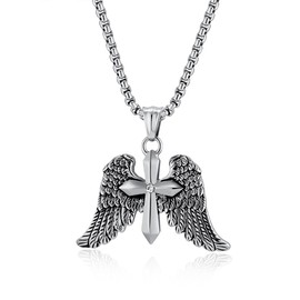 Archangel Wings Cross Necklace Stainless Steel Angel Wing Pendant for Men - Adjustable Chain, Baptism Gift, Christian Faith Accessory