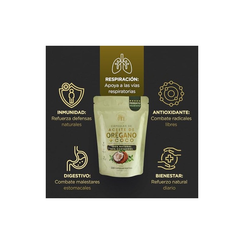 ORE 300 Cápsulas ORE Aceite de Orégano 80% Carvacrol +