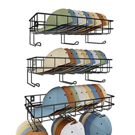 XRMAO Metal Wall Hat Racks with Multiple Hooks, Hat Organizer for Baseball Caps, 3 Packs Hat Storage Holders Up to 108 Caps, Perfect for Closet, Entryway, Living Room, Black