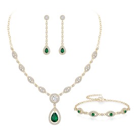 EVER FAITH Costume Prom Jewelry Set for Wedding for Women Teardrop Cubic Zirconia Birthstone Necklace Bracelet Earrings Green Gold-Tone