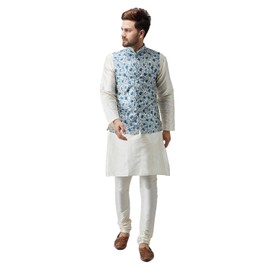 SOJANYA (Since 1958), chaqueta Nehru con estampado de mezcla de seda para hombre, Azul y blanco roto., Large