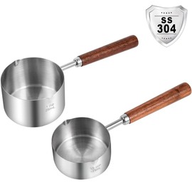Kichwit Dog Food Scoop, 1 Cup and 1/2 Cup, 304 Stainless Steel Pet Food Scoop Measuring Cup with Wooden Handle, Set of 2
