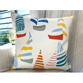 Senkon Home Luxury Cushion Cover. Yellow, Blue, Red Sail Boats 18”x18” Double Sided Square Throw Pillowcase. Decorative Piped Edges Invisible Zipper. Linen Cotton for Yachts, beach hut, seaside homes.
