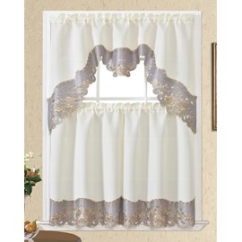 GOHD Arch Rosarium 3pcs Kitchen Curtain Set, Elegant Ivory Fabric with Rose Embroidery in Distinctive Gold Thread, Swag and Kitchen Tiers Set with cutworks on Border (Silver Grey)