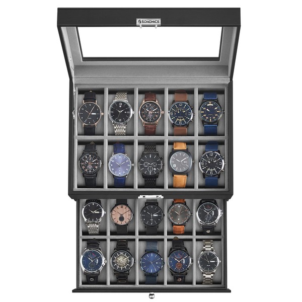 SONGMICS 20-Slot Watch Box, Christmas Gifts, Watch Display Case with Glass Lid, 2 Layers, Lockable, Black Synthetic Leather, Gray Lining UJWB006