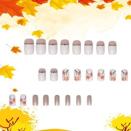 Fall Thanksgiving Press on Nails Short Square Maple Leaves False Nails with Rhinestones Design Artificial Nails White French Autumn Acrylic Nails Full Cover Coffin Nails Glue on Nails for Women