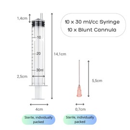 Pack of 10 x 30 ml syringe and 10 x cannula syringe set with blunt needles, various sizes: 1 ml, 3 ml, 5 ml, 10 ml, 20 ml, 30 ml, 60 ml, for hobby and DIY, individually sterile packed