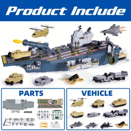 Military Aircraft Carrier Toys, Army Toys with 10 Vehicles, Fighter Jet Helicopter Tanks and Army Men Action Figures Toy for Kids Boys Girls