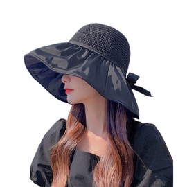 Women's UPF 50+ UV Sun Protection Breathable Wide Brim bowknot bucket hat Sun Hat, H-black, One Size