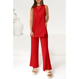 PRETTYGARDEN Women's 2 Piece Lounge Set 2025 Summer Casual Loose Tank Top Wide Leg Pants Matching Travel Outfits Tracksuit (Red,Medium)