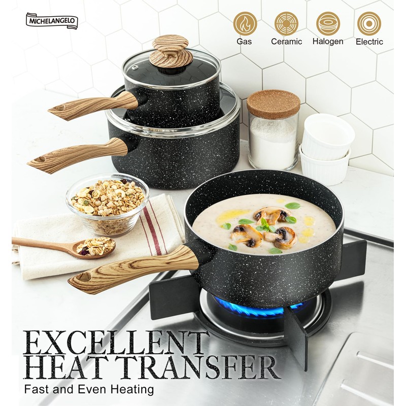 MICHELANGELO Saucepan Set, Nonstick Sauce Pans with Granite Coatings, Stone