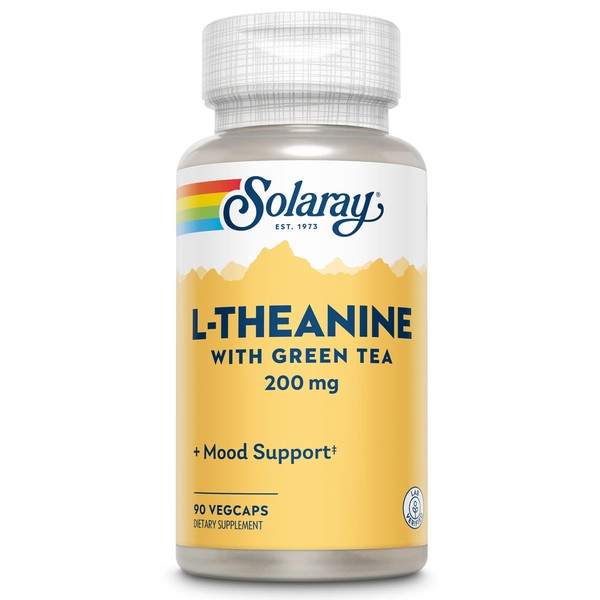 Solaray L-Theanine 200mg w/Green Tea Leaf 100mg Relaxation, Stress, Mood & Focus Support w/Out Drowsiness Lab Verified 90 VegCaps