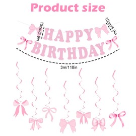 Pink Bow Birthday Party Decorations, Pink Bow Banner & Hanging Swirls for Girls, Women, Baby Showers,Theme Party Decor (Pink)