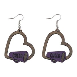 Hollow Heart-shaped Cheer Earrings Cheerleader Earrings Jewelry Megaphone Cheer Sport Earrings for Women Colorful Wooden Game Day Accessory Decorations-Purple