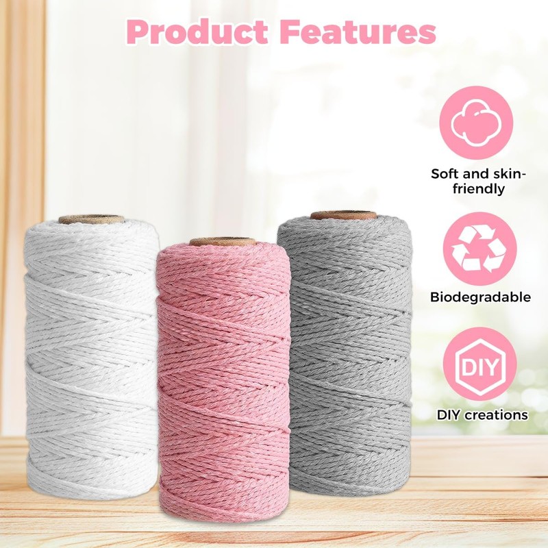 3 Rolls 2 mm x 100 m Cotton Macrame Cord