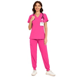 COZYFIT Scrubs for Women - V-Neck Top & Cargo Pants Scrubs Set with 10 Pockets - Hot Pink, XL