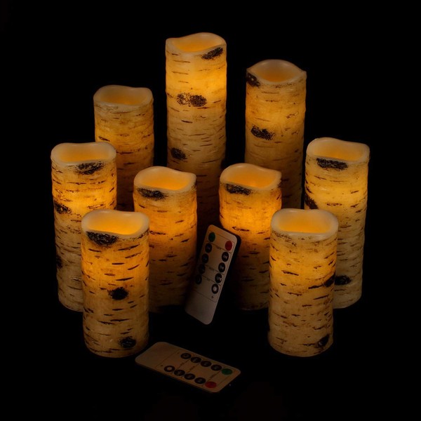 antizer Flameless Candles Birch Bark Effect Battery Operated Candles 4" 5" 6" 7" 8" 9" Set of 9 Real Wax Pillar LED Candles Each Candle 2.2" Diameter with 10-Key Remote Control 2/4/6/8 Hours Timer