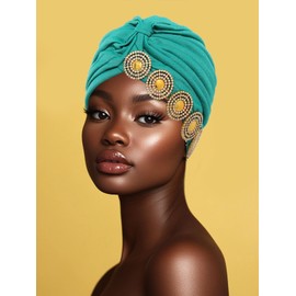 Wosois Headwrap Hair Turbans African Turban Flower Pearl Crystal Twisted Head Turban for Women Fashion (Lake Blue)
