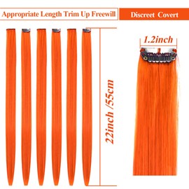 10pcs Colored Clip in Hair Extensions 22" Straight Fashion Hairpieces for Party Highlights Pink (22", Orange)