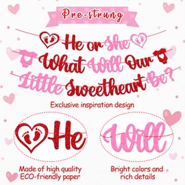 26 PCS Valentine's Day Gender Reveal Decorations He or She What Will Our Little Sweetheart Be Banner Latex Balloons Backdrop Happy Valentine’s Day Boy or Girl Theme Baby Shower Party Supplies