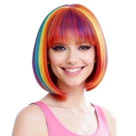 Kediciz Rainbow Bob Wigs Short Straight Multi-Color Cosplay Wigs with Bangs Colorful for Women Costume Halloween Party Fancy Dress