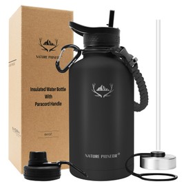 NATURE PIONEOR Insulated Water Bottles with Paracord Handle - 64 oz Vacuum Sports Wide Mouth Water Bottle with 3 Lids, Leak Proof Stainless Steel Keeps Hot and Cold