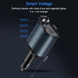 AXFEE Einziehbares Auto Ladegerät, 4-in-1 Handy Schnellladegerät Auto Zigarettenanzünder SteckerAdapter Retractable Car Charger Kompatibel mit iPhone15/14/13/12/11/Galaxy S23/S22/Google Pixel7/8