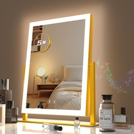 Gvnkvn Lighted Makeup Mirror with Bluetooth, Hollywood Vanity Mirror with Lights, Three Color Lighting Modes, 5X Magnification Mirror, Smart Touch Control, 360°Rotation (15.2in,Gold,)