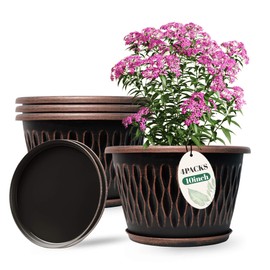 Usocik 4 Pack 10 Inch Retro Plant Pots, Vintage Striped Flower Pots with Drainage Hole & Saucer, Large Plastic Planters for Indoor and Outdoor Plants, Decorative Garden Pots(Copper)