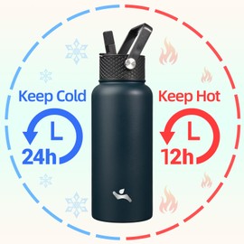 Konokyo 32 oz Insulated Water Bottle Stainless Steel Sport Bottles with 3 Lids,Navy Blue