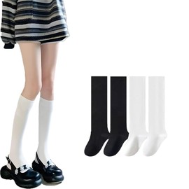 WFGKPXC Women's High Socks, Long Legs and Looks Slimmer, Beautiful Legs Magic School Socks, Women's, Uniform, Cute, Antibacterial, Deodorizing, Breathable, Set of 4 Pairs