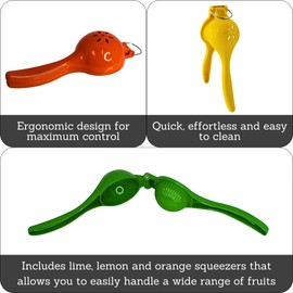 IMUSA Lime, Lemon and Orange Manual Squeezers Set, Citrus Juicer for Max Extraction, Aluminium, Yellow, Green & Orange