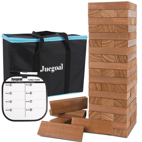 Juegoal 54 Piece Giant Tumble Tower Brown for Adult Kids Family, Wooden Block Stacking Game with Gameboard & Canvas Bag, Outdoor Games for Backyard Lawn Party Playing, 6.9 x 6.9 x 24 Inches