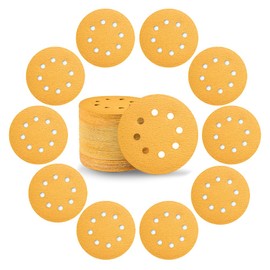 Boereu 5 Inch 8 Hole Sanding Discs Hook and Loop，50pcs Gold Round Hook and Loop Sandpaper for Random Orbital Sander 220 Grit
