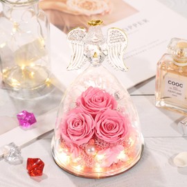 ANWEAO Mothers Day Mom Gifts for Mom,Anniversary Birthday Gifts for Women,Glass Angel Figurine Pink Sparkly Rose with Angel Necklace,Preserved Flower Rose Gifts for her,Angel Guardian with Gifts Box