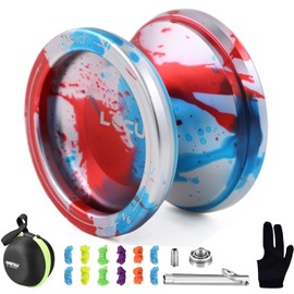 MAGICYOYO Professional Responsive JoJo & Unresponsive Yo-Yo for Children, Teen, Adults Jojos, V6 LOCUS Yoyo Metal with Nonresponsive Ball Bearings, 10 Strings, Bag, Remover, Blue & Red & Silver