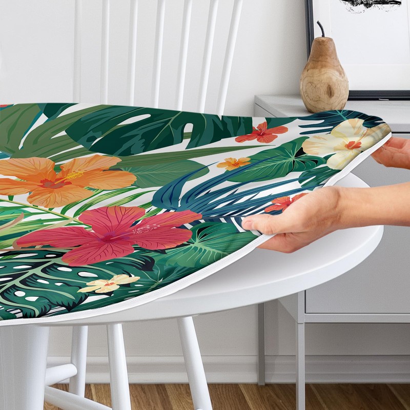 Eiuflka Round Fitted Tablecloth with Elastic Tropical Palm Leaves Outdoor