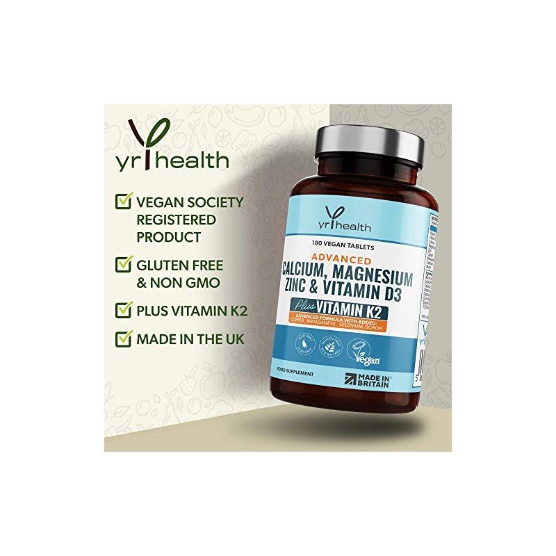 Calcium Magnesium Zinc Vitamin D3 and K2 Vegan 180 Tablets