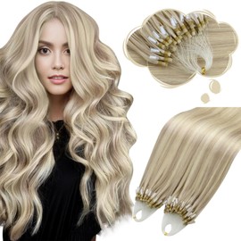 Moresoo Blonde Micro Loop Hair Extensions Human Hair Ash Blonde with Bleach Blonde Micro Bead Hair Extensions for Women Real Human Hair Blonde Micro Ring Hair Extensions 14 Inch 50g/50s