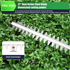 PRO-FOR 20V Max Cordless Hedge Trimmer with Battery and Charger, 22" Dual-Action Blade, 1600RPM, 3/5" Cut, Dual Safety Switch, Lightweight Electric Bush and Grass Shrub Trimmer for Garden and Yard
