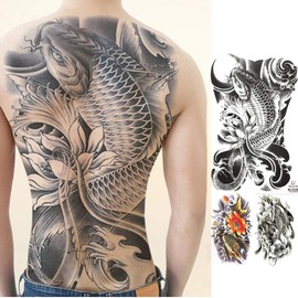 Yesallwas Tattoo Stickers, Carp, Lotus Flower, Japanese Pattern, Tattoo Sticker, Realistic, Large, Waterproof, Long-Lasting, Japanese Tattoo, Body Stickers, Children, Men's, Women's, 5.9 x 8.3 inches (15 x 21 cm)