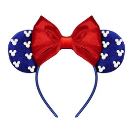 JIAHANG Velvet Mouse Ear Hair Bow Headband with Pearls Beadings, Independence Day, July 4th Velour Hair Band for Party Photography Women Girls