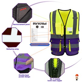 AYKRM 21 Colours Safety Vest Reflective Safety Vest with Reflective Strips with Zip and Pockets Work Vest, Yellow and purple