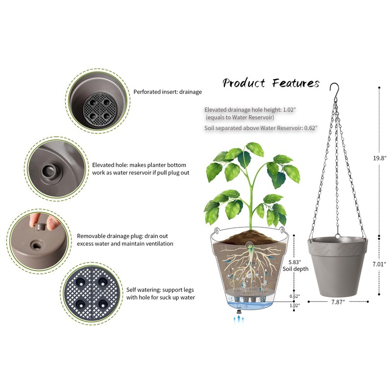 Melphoe Hanging Planter for Indoor Plants Self Watering, 8 Inch