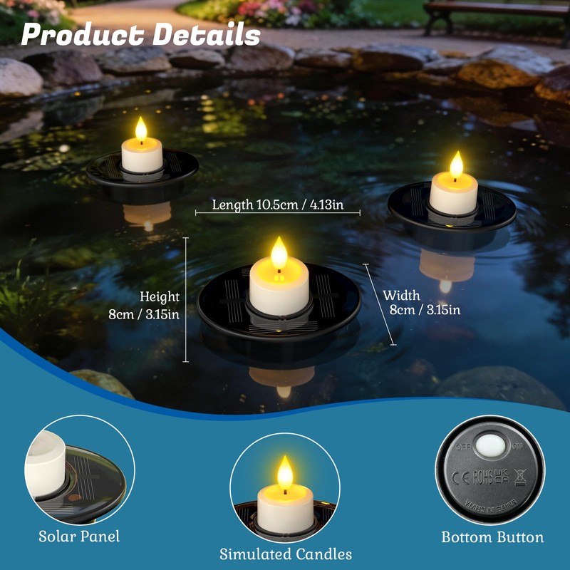 PChero Solar Floating Pool Lights, IP68 Waterproof Outdoor Tea Lights,