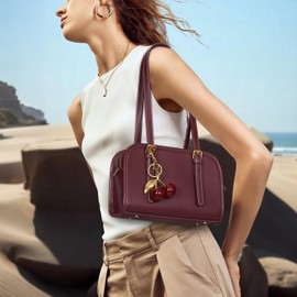 HiTotes Y2K Shoulder Bag Red Purse for Women Leather Burgundy Handbag Swing Bag Tote Handbag with Cherry Pendant