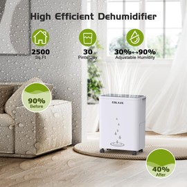 Dehumidifier for Home - 30 Pint Dehumidifier with Drain Hose Up to 2500 Sq. Ft Coverage - Ideal for Basement Bedroom Bathroom - Intelligent Humidity Control, Auto Defrost, 24H Timer
