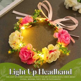 DRESBE Light Up Flower Headbands LED Floral Wreath Crown Headband Glow Rose Garland Hair Accessories for Women