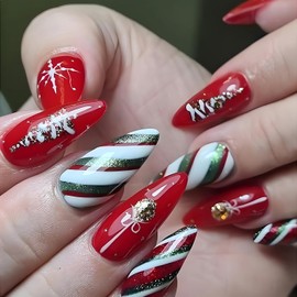 Almond Christmas Press on Nails Glossy Red Fake Nails with Red Green Glitter Stripes Christmas Tree Snowflakes Designs Full Cover False Nails Kit Reusable Stick on Nails Glue on Nails for Women 24Pcs