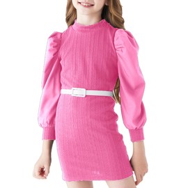 PATPAT Princess Dress Girls - Elegant Long Sleeve Dresses for Girls, Girls Dresses for Autumn and Winter, Adorable Teenager Party Dress with Puff Sleeves, pink-red